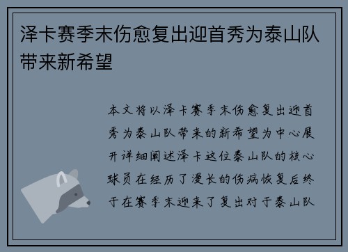 泽卡赛季末伤愈复出迎首秀为泰山队带来新希望