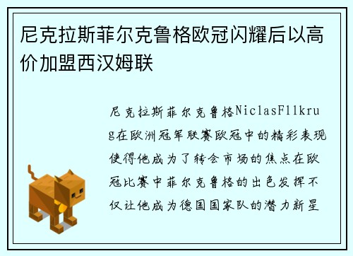 尼克拉斯菲尔克鲁格欧冠闪耀后以高价加盟西汉姆联